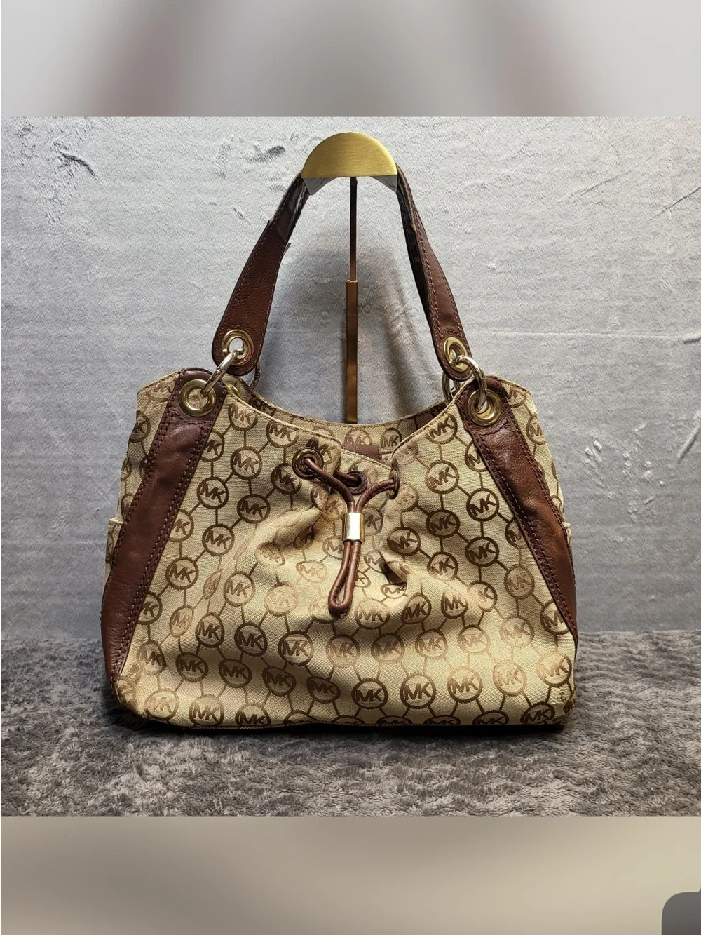 Michael Kors Beige and Brown Signature Drawstring Shoulder Bag